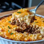 A close-up of Cheesy Ground Beef and Rice Casserole in a baking dish, topped with melted cheddar cheese and ready to serve.