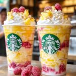 pineapple raspberry frappuccino with whipped cream